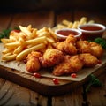 Unhealthy indulgence fried chicken, fries, and nuggets on wooden table Royalty Free Stock Photo