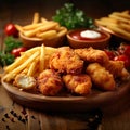 Unhealthy indulgence fried chicken, fries, and nuggets on wooden table Royalty Free Stock Photo