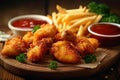 Unhealthy indulgence fried chicken, fries, and nuggets on wooden table Royalty Free Stock Photo