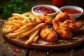 Unhealthy indulgence fried chicken, fries, and nuggets on wooden table Royalty Free Stock Photo