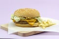 Unhealthy junk food burger on pastel purple background