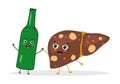 Unhealthy liver with alcohol bottle cartoon character in flat design on white background.