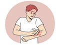 Unhealthy man scratch redness on arms