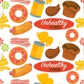 Unhealthy processed food pattern with delicious and sweet high calorie snacks