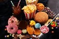 Unhealthy products. food bad for figure, skin, heart and teeth Royalty Free Stock Photo