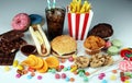 Unhealthy products. food bad for figure, skin, heart and teeth