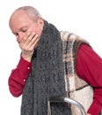 Unhealthy senior man coughing over white background