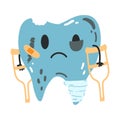 Unhealthy tooth character with crutches in cartoon flat style. Hand drawn vector illustration of sick broken molar with Royalty Free Stock Photo