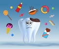 Unhealthy tooth and harmful products on light blue background, illustration. Dental problem