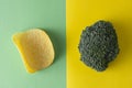 Unhealthy versus healthy food. Choise concept. Potatoe chips or broccoli. Top view, colorful background