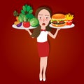 Unhealthy vs healthy food woman girl select between junk food or vegetable