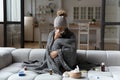 Unhealthy woman feel sick suffer from flu at home