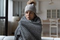 Unhealthy woman feel cold sick at home