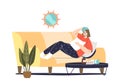 Unhealthy young woman lying on couch at home. Female suffer from stomach ache, headache or migraine Royalty Free Stock Photo