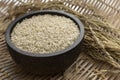 unhulled asian brown rice grains in rustic setting display in Cambodia Royalty Free Stock Photo