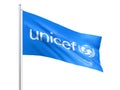 UNICEF United Nations International Children`s Emergency Fund flag waving on white background, close up, isolated. 3D render