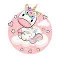 Cute baby unicorn with hearts, stars and clouds Royalty Free Stock Photo