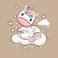 Cute baby unicorn with hearts, stars and clouds Royalty Free Stock Photo