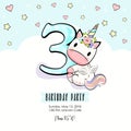 Cute baby unicorn invitation with hearts, stars and clouds