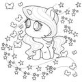 Black line cute unicorn for coloring book or page. Black and white. Beautiful pony character vector