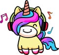 Happy smiling baby unicorn with headphones. Kawaii cartoon