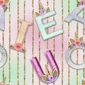 Unicorn Alphabet On soft watercolor  background seamless pattern Royalty Free Stock Photo