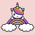 Unicorn animal cartoon character hugging rainbow with two clouds Royalty Free Stock Photo