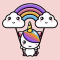 Unicorn animal cartoon character holding two clouds and a rainbow Royalty Free Stock Photo