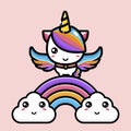 Unicorn animal cartoon character is standing on a rainbow with two clouds Royalty Free Stock Photo