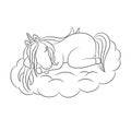 Unicorn baby asleep on a cloud, line art cartoon character.