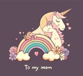 Unicorn with baby, flowers, hearts. Mothers day card, text To my mom. Beautiful cartoon character mother and baby