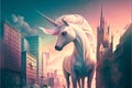 Unicorn on the background of the city. 3d rendering Royalty Free Stock Photo