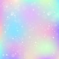 Unicorn background with rainbow mesh. Colorful universe banner in princess colors. Fantasy gradient backdrop with hologram