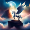 Unicorn and a background of sky, moon and clouds. Royalty Free Stock Photo