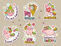 Unicorn badges. Fashion labels set or stickers with fairytale characters vector retro objects set