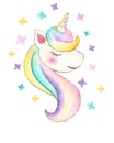 Unicorn. Beautiful watercolor unicorn illustration. Magic trendy cartoon horse perfect for nursery print and poster design.