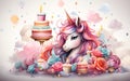 Unicorn with birthday cakes with candles fantasy Illustration in soft pastel colors. Children\'s greeting card templat Royalty Free Stock Photo