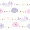 Unicorn bithday seamless pattern background with bunting flags and clouds.