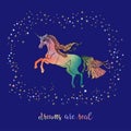 Unicorn with black contour and watercolor filling isolated on the blue background. Vector card with rainbow text