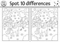 Unicorn black and white find differences game for children. Fairytale line activity with horse with horn, magic forest. Cute Royalty Free Stock Photo