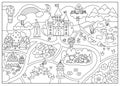 Unicorn black and white village map. Fairytale line background. Vector magic country coloring page with castle, rainbow, forest,