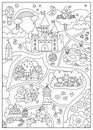 Unicorn black and white village map. Fairytale line background. Vector magic country coloring page with castle, rainbow, forest, Royalty Free Stock Photo