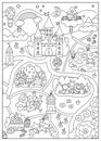 Unicorn black and white village map. Fairytale line background. Vector magic country coloring page with castle, rainbow, forest,