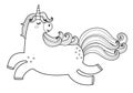 Cute magic unicorn character in outline. Beautiful fairy tale black and white horse