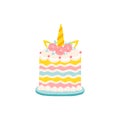 Unicorn Cake. Baking for the party birthday girls. Isolated flat vector illustration in simple cartoon style on a white