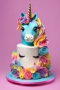 A unicorn cake with bright and vibrant colors, well-composed and visually appealing, food, printable