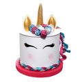 Unicorn cake with pink frosting to side wafer paper cakes