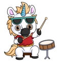 a unicorn cartoon playing a drum with chopsticks Royalty Free Stock Photo