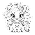 Unicorn cat. Black and white linear drawing. Vector