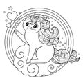 Unicorn cat on a cloud in a round frame. Cute kitten with mane and horn. Black outline coloring book clip art. Vector